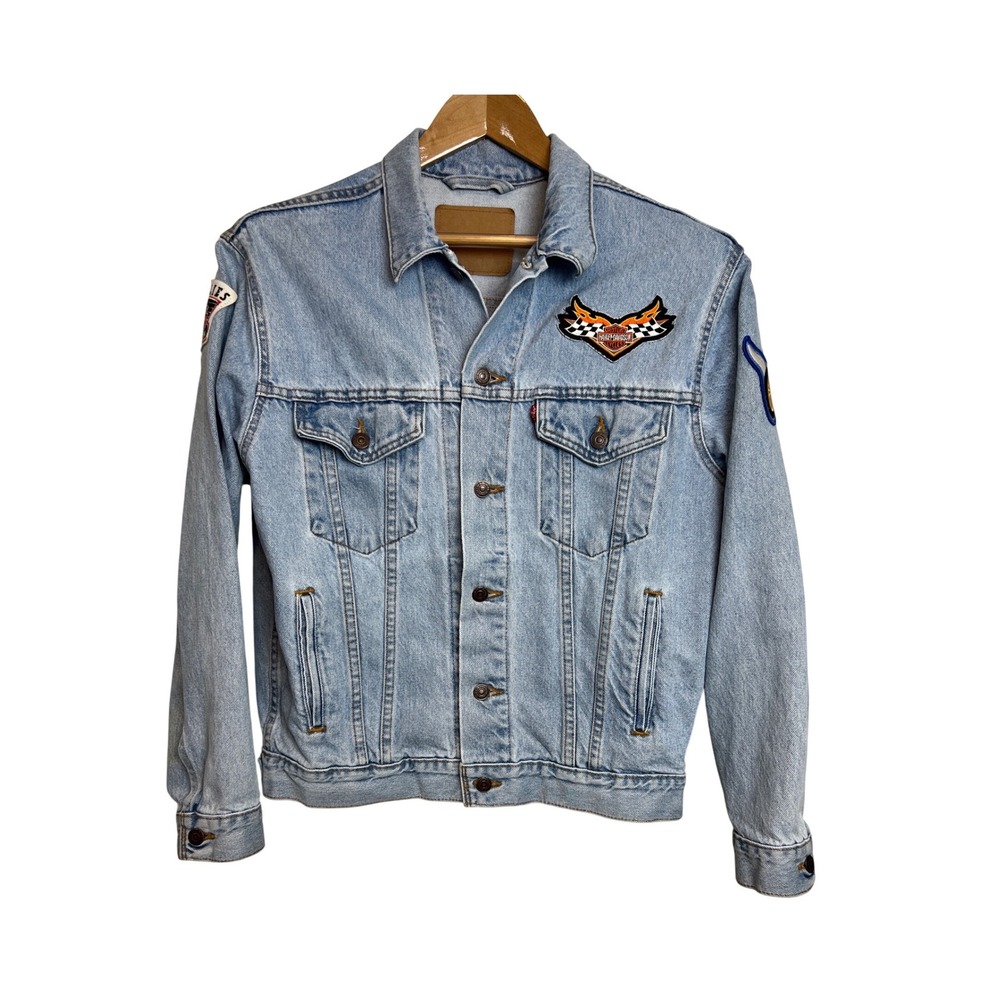 Levi's Denim Jacket Mens L Light Blue Harley Davidson Patches Biker Trucker F20